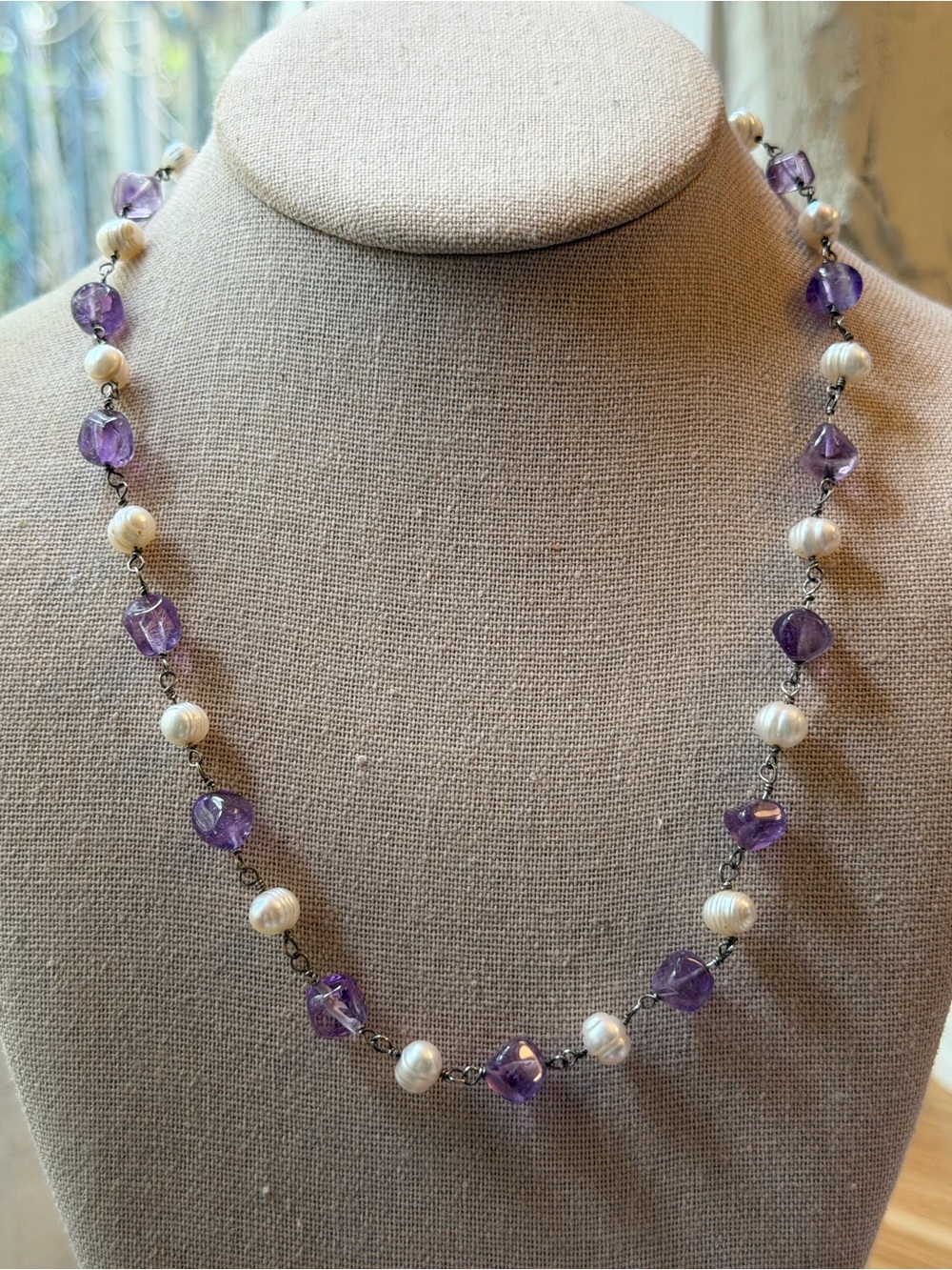Amethyst Chunk and Potato Pearl Handmade Necklace with Sterling Silver